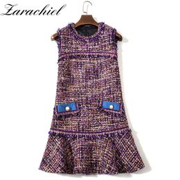 Women's Elegant Denim Stitching Fringe Trim Plaid Tweed Woollen Vestidos Ladies Sleeveless Ruffles Mermaid Vest Mini Dress 210416