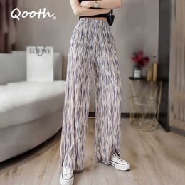 Qooth Retro Chiffon Pleated Wide-Leg Pants Ink Dyed Women's Summer Thin Loose Drape Pants Casual Straight High Waist Pants QT608 Q0801