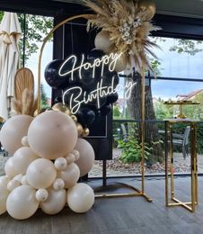 Outdoor Lawn Metal Frame Background Luxury Wedding Arch Decoration With Plinth Table Birthday Cake Cupcake Dessert Fruit Holder Backdrops Flower Balloons Stand