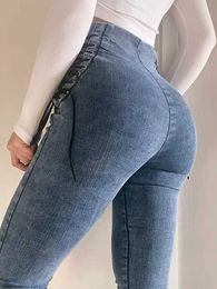 American jean high waist stretch skinny denim street fashion cross straps ankle pants plus size 210604