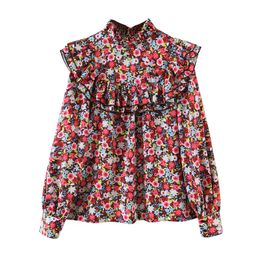 BLSQR Casual Flower Print Ruffle Blouse Shirt Fashion Long Sleeve Women Shirts Elegant Office Lady Button Tops Blusa 210430