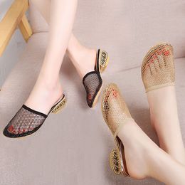 2022 Fashion Slippers WomanClose Toe Beach Shoes for GirlsSummer HeelsMesh SlidesThick HeelBLACKGOLDFREE Dropshipping