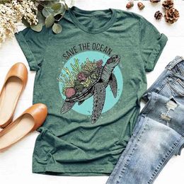 SAVE THE OCEAN Letter Sea Turtle Growing Coral Print T shirt Women Cute Graphic Tshirts Causal Harajuku Vintage Ladies T-shirt 210406