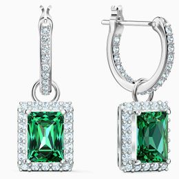 Brand 1:1 Classic Atmospheric Rectangular Diamond Perforated Emerald Earrings Elegant Luxury Ladies Silver Jewelry