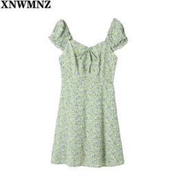 Vintage Cap Sleeve Women Dress Chic Green Floral Print Chiffon mini Dresses Retro Vestidos summer women's dress robe 210520