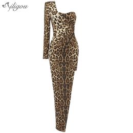 Free Ladies Fashion Sparkling Pink Leopard Sequin Long Dress Sexy One Shoulder Celebrity Party Vestido 210525