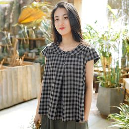 Johnature Women Plaid Shirts Turn-down Collar Button Short Sleeve Summer Harajuku Japan Style Women Shirts 210521