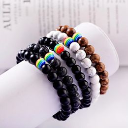 Rainbow Wooden Beads Charm Bracelet Men Women Elastic Natural Onyx Lava Stone Bracelets Yoga Jewellery