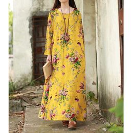 Vintage Floral Robe female Boho DrWomen Cotton Linen DrMaxi Long DrLong Sleeve O Neck Loose Plus Size Dr3XL 5XL X0621