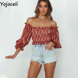 Yojoceli Elegant print shirred off shoulder blouse women Autumn short sexy casual ruffle Cool female tops blusas 210609