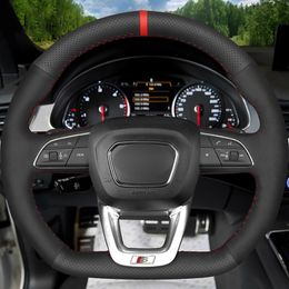 Car Steering Wheel Cover Black Genuine Leather Suede For Audi Q5 SQ5 2017-2019 Q3 2018 2019 Q8 SQ8 2018 2019 Q7 SQ7 2014-2019