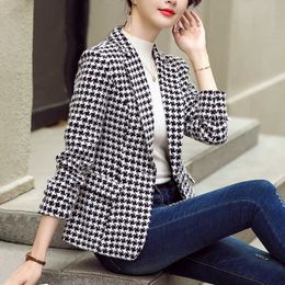 Korean Vintage Blazer Women Fashion Houndstooth Suit Jacket Women Elegant Long Sleeve Female Blazers Slim Woollen Coat Ladies Top X0721