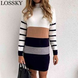 Autumn Winter Warm Mini Sweater Dress Striped Women Sexy Slim Bodycon Long Sleeve Casual Knitted Fit Turtleneck Vestidos 210507