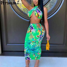 Sexy Two Piece Outfits for Women Summer Floral Print Backless Evening Party Club Off The Shoulder Boho Beach 2 Set 210513