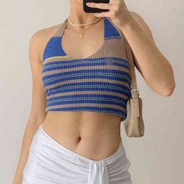 Ribbed Knit Striped Y2k Halter Crop Tops For Girls Fashion Women Summer Soft Stretch Sleeveless Shirt Casual Tee Female 210415