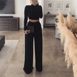 Solid Tracksuit Women 2 Piece Set Spring Autumn Clothes O-Neck Full Sleeve Crop Top And Wide Leg Pants Fashion Female Suit Ropa Y0625