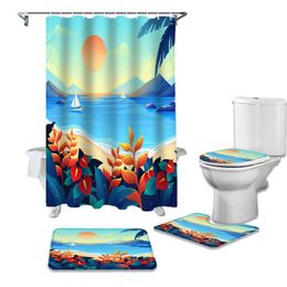 Shower Curtains Summer Seaside Mountain Peaks Curtain Sets Non-Slip Rugs Toilet Lid Cover And Bath Mat Bathroom Set