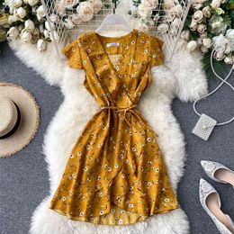 Floral Print Dress Women's Summer Irregular Ruffles Korean Retro Lace-up Fashion Vestidos L722 210527