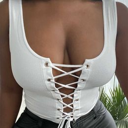 Hollow out lace up Ribbing tshirt for woman casual pure high streetwear sexy Low-cut bodycon crop top 210527