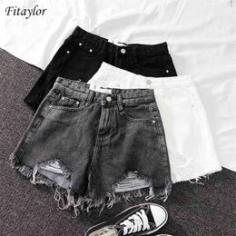 Fitaylor New Summer Women Wide Leg Hole Black Denim Shorts Casual Female Streetwear Loose Solid Colour White Jeans Shorts 210331