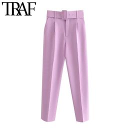 TRAF Women Fashion With Belt Side Pockets Office Wear Pants Vintage High Waist Zipper Fly Female Ankle Trousers Mujer 210925