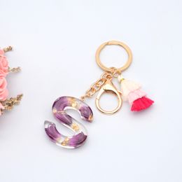 Women Popular Purple Flower Gold Foil Resin Initial Letter Keychain with Tassel