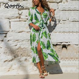 Qooth Summer Autumn Polyster Women Floral Printed Shirt Dress Beach Dress Full Sleeve Split Sashes Maxi Dresses QT008 210518