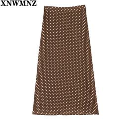 Long skirt women Elegant White Dot Print Midi Skirts Women's Summer Chiffon Brown Girl Skirt Vintage High-waisted 210520