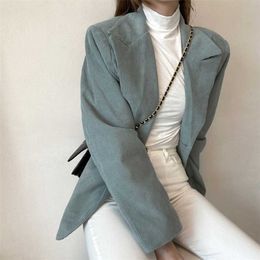 Lucyever Fall Women's Blazers Corduroy Notched Long Blazer Woman Korean Chic Style Green Full Sleeve Clothes Female 211019