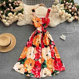 Women Fashion Spring Summer Retro Printed A-line Dress Holiday Sleeveless Vintage Elegant Clothes Vesitdos S062 210527