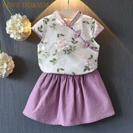 LOVE DD&MM Girls Sets Summer Children's Clothing Girls Retro National Style Embroidery Cheongsam Shirts + Skirts Suit 210715