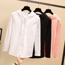 Korea T Shirt Women Fall Hooded T-Shirt Woman Casual Cotton Top Harajuku Soft Tee Female Pink Long Sleeve Plus Size Tshirt 210604