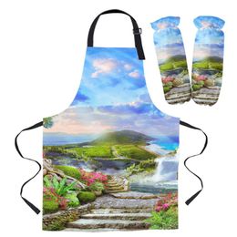Aprons Daily Cleaning Apron Set Waterfall Mountain Flower Chef Waiter Anti-oil Kids Cooking Gardening Work Sleeve Cover