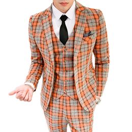 Men Three Piece Suit Set Jacket Pants Vest / Male Orange Slim Fit British Style High End Plus Size Plaid Blazer Coat Trousers Men's Suits &