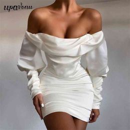 Free Fashion Sexy Off Shoulder Long Sleeve Satin Dress Women Bodycon Celebrity Club Party Mini Vestidos 210524