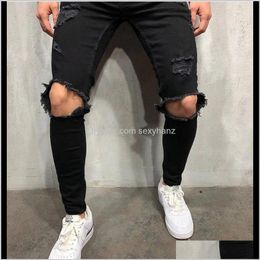 Clothing Apparel Drop Delivery 2021 High Streetwear Men Knee Holes Decor Black Jeans With Zipper Slim Fit Elasticity Skinny Ripped Pants Forw