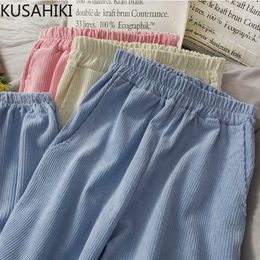 Corduroy Women Pants Causal Stretch High Waist Long Trousers Korean Solid Harem Mujer Pantalones 6E239 210603
