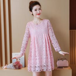 Autumn Fashion Hollow Out Elegant White Lace Party Dress High Quality Women Long Sleeve Casual Dresses 685E 210420