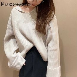 Kuzuwata Japanese Jumper Autumn Winter Sweater Women Sweet Simple Solid Sailor Collar Long Sleeve Rib Knitted Pullover 211011