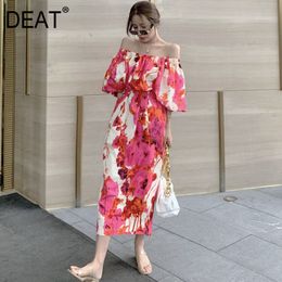 Women Red Printing Patchwork Zipper Folds Dress Strapless Half Puff Sleeve Slim Fit Fashion Tide Summer 7E1217 210421