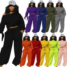 CM.YAYA Sport Sweatsuit Women's Set Tie Up Off Shoulder Sweatshirt Straight Pants Set Active Tracksuit Two Piece Fitness Outfit Y0625