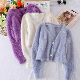 Women Crop Sweater Autumn Winter Korean V Neck Button Up Mohair Knitted Sweaters Woman Single-breasted Short Cardigan 210525