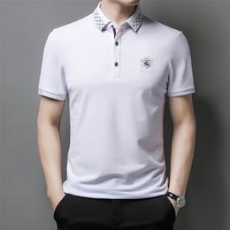 BROWON Summer T Shirt for Men Embroidery Short Sleeve Soft Breath Tops Fit Turn-down Smart Casual Work Clothing 210706