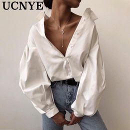 Ucnye 2021 Spring Lattern Sleeve Solid Black White Blouse Womens Turn Down Collar Female Top Shirt Casual Ladies Office Women's Blouses & Sh