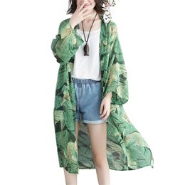 Women Loose Floral Print Blouse Summer Casual Boho Chiffon Coat Shawl Kimono Cardigan Tops Green Shirts Plus 3XL 210601