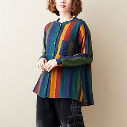 Autumn Arts Style Women Long Sleeve Loose Colours Striped Blouses Big Size Cotton Linen Vintage Shirts Femme Tops M645 210512