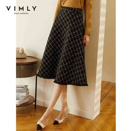 Vimly Autumn Winter Wool Skirt For Women Fashion High Waist Plaid A Line Mid Clalf Skirts Elegant Mujer Faldas Bottoms F3638 211120