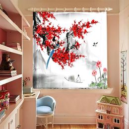 Chinese Style Blackout Curtains For Small Windows Red Plum Blossom Landscape Painting Bedroom Short Home Decor Curtain & Drapes