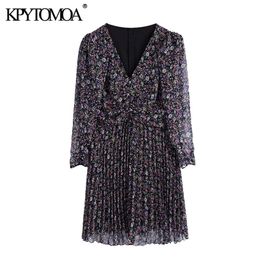 Women Chic Fashion Floral Print Pleated Mini Dress Vintage Three Quarter Sleeve With Lining Female Dresses Mujer 210416