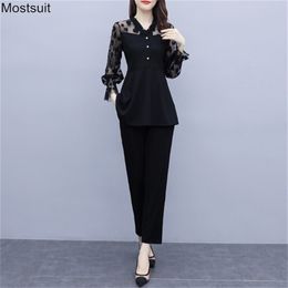 Autumn Elegant Two Piece Set Women Plus Size Ol Spring Tunic Mesh Patchwork Long Sleeve Top And Pants Sets Suit Outfits 210513